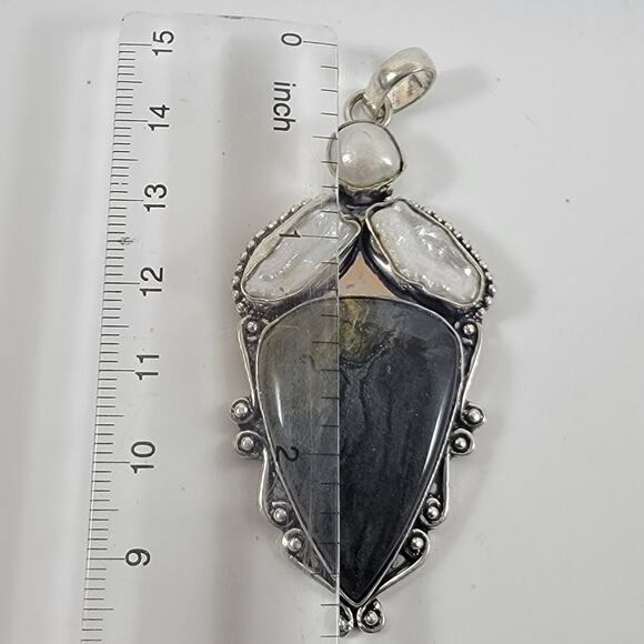 Artisan Black Jasper Pendant With Freshwater Pearl Accents on a 20" Silver Chain - Picture 2 of 10